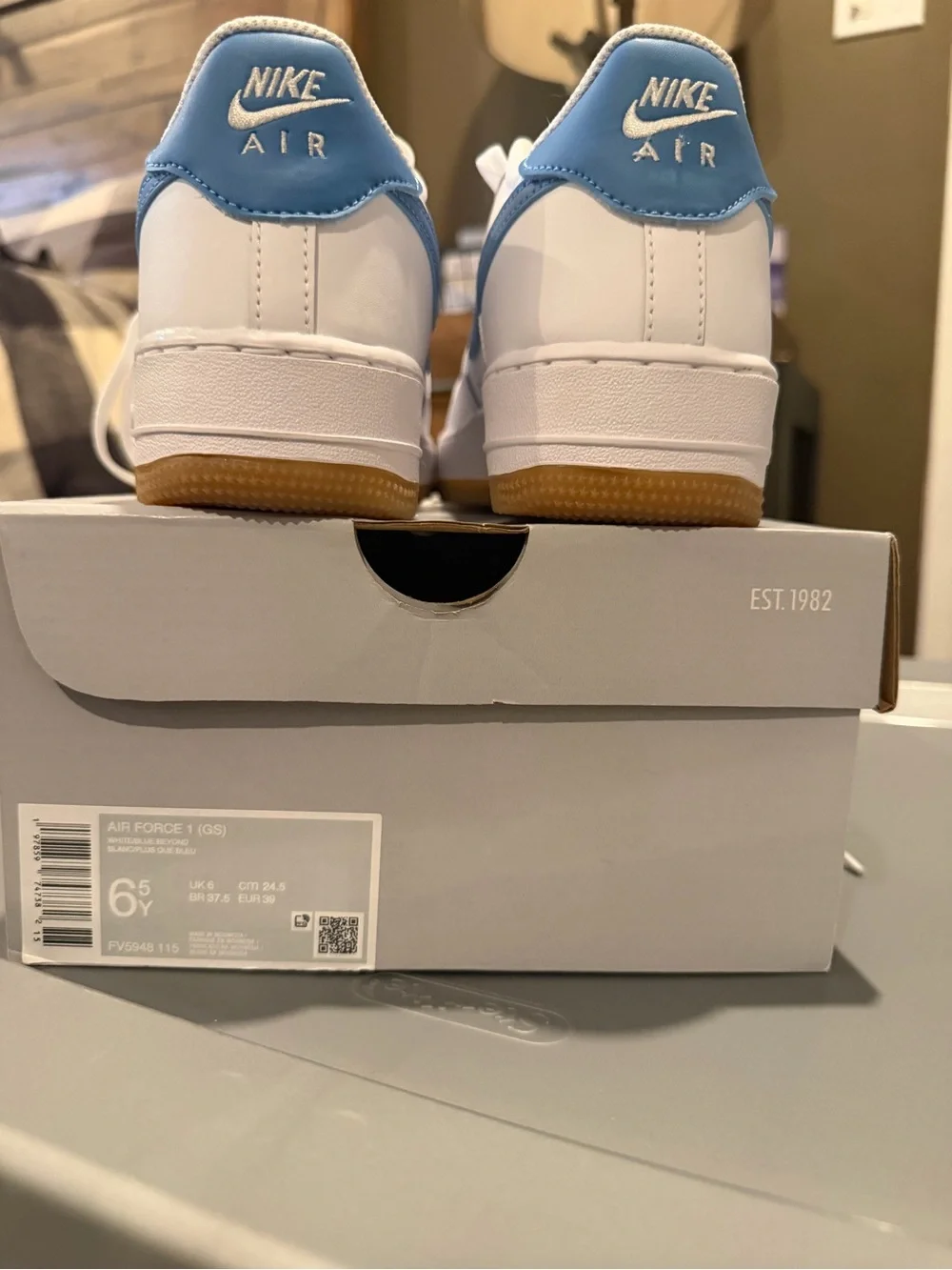 Nike Kids Air Force 1 Low — White with Light Blue Heel and Gum Sole